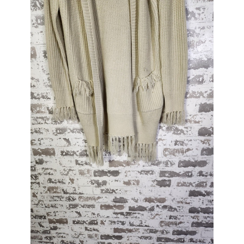 Boho Western Cardigan Beige Fringe Size Small Open Chunky Pockets - Picture 3 of 16